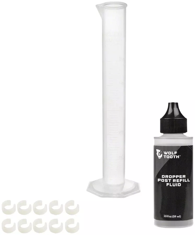 Wolf Tooth Resolve Dropper Post Service Kit – Refill Fluid 2oz, Graduated Cylinder, 10 Travel Adjustment Spacers